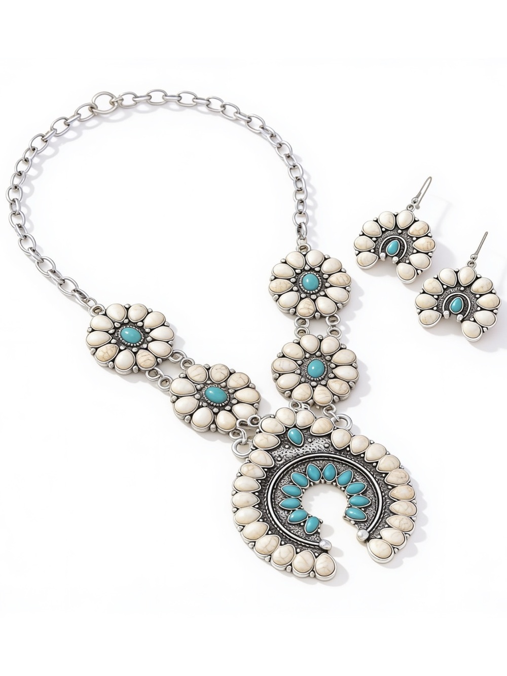 Turquoise + Ivory squash blossom western statement necklace + earring set, new!